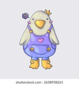 A goose in a jumpsuit and yellow boots. Cartoon vector character. Trendy style. Vector illustration.