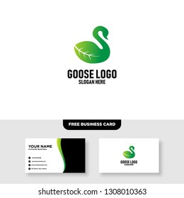 Goose with Leaf Element Logo Vector Template, Free Business Card Mockup