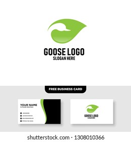 Goose with Leaf Element Logo Vector Template, Free Business Card Mockup
