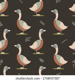 Goose and leafs seamless pattern. Farm wrapping paper. Bird vector illustration textile, wallpaper or fabric. Rural domestic cute animal. Organic healthy meat. Design for eco cusine. 