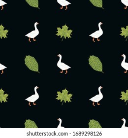 Goose and leaves seamless pattern for wallpaper, wrapping, textile, bags and bedsheet. Botanical fabric on dark background. Plants with birds repeat texture for tile.