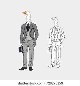 goose man dressed up in vintage victorian suit, furry art illustration, fashion animals