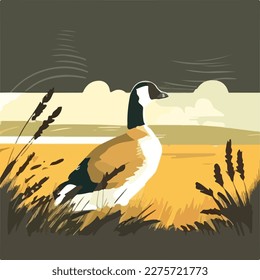 Goose in a meadow. Domestic or farm yard animals. Flat vector illustration concept