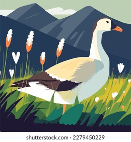 Goose in a meadow. Domestic or farm yard animals. Flat vector illustration concept