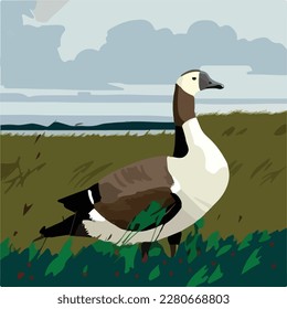 Goose in a meadow. Domestic or farm yard animals. Flat vector illustration concept