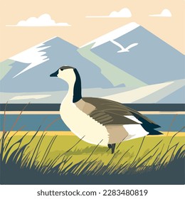 Goose in a meadow. Domestic or farm yard animals. Flat vector illustration concept