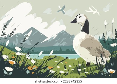 Goose in a meadow. Domestic or farm yard animals. Flat vector illustration concept