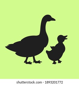 Goose mother with small baby bird, vector silhouette illustration