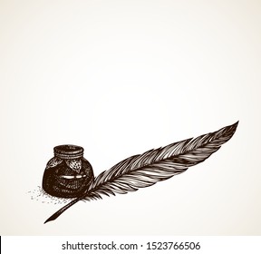 Goose nib, big glass inkpot jar still life on light backdrop space. Freehand outline  poet scribe swan handle text object picture image copyspace design sketchy in artistic aged scribble contour style