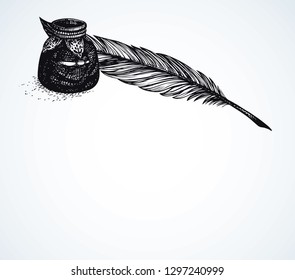 Goose nib, glass inkpot jar still life on light backdrop space. Freehand outline  poet scribe swan handle text object picture image copyspace design sketchy in artistic aged scribble contour style