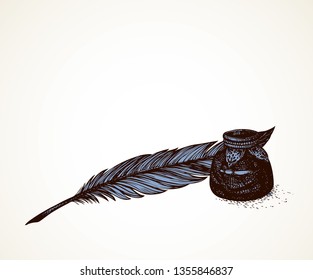 Goose nib, glass inkpot jar still life on light backdrop space. Freehand outline  poet scribe swan handle text object picture image copyspace design sketchy in artistic aged scribble contour style