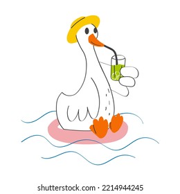 Goose on the beach with a cocktail in hand. Hand drawn modern vector illustration.
