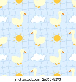 Goose on blue background, checkered pattern, fabric pattern, gift wrapping paper , seamless pattern 