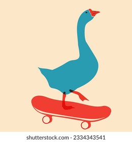 Goose on a skateboard. Design for print, sticker, party decoration, logo, emblem, magazine prints or journal article, t-shirt design, poster. Vector illustration with Riso print effect