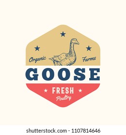 Goose Organic Farms Fresh Poultry Abstract Vector Sign, Symbol or Logo Template. Hand Drawn Goose Sillhouette with Retro Typography. Vintage Emblem. Isolated.