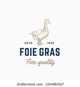 Goose Pate Foie Gras Abstract Vector Sign, Symbol or Logo Template. Hand Drawn Goose Sillhouette Sketch with Retro Typography. Vintage Vector Emblem. Isolated.