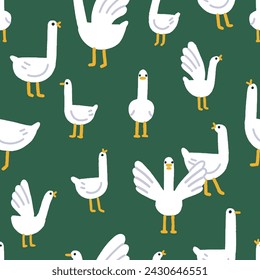 Goose pattern. Cute geese, seamless background. Farm birds, funny goslings, endless texture. Repeating countryside print for fabric, textile, wrapping design. Kids childs flat vector illustration