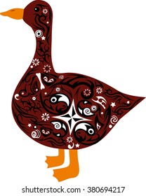 goose with a pattern on a body, an illustration of a bird with drawing, poultry, a pattern from lines and flowers, design on an animal, wild fauna, a vector a goose, an animal from a farm