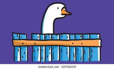 A goose peeks out from behind an extinguished wooden fence. Handdrawn illustration with a farm animal. Vintage illustration with grungy texture. The goose watches from ambush on purple background