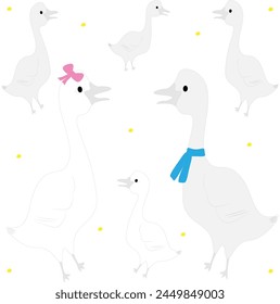 A goose with a pink bow and a goose with a blue scarf. A group of cute white and gray geese. The concept of agriculture, Thanksgiving, Christmas