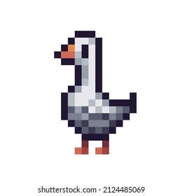 Icono de arte de píxel ganso. Ave de granja, logo del pato. Sprite de 8 bits. Desarrollo de juegos, aplicación móvil.  Ilustración vectorial aislada