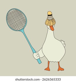 Ganso Jogando Badminton com Shuttlecock na cabeça. Desenhos animados engraçados