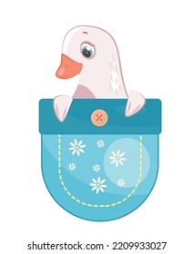 Goose in pocket. White bird peeks out from behind blue semicircular piece of fabric. Element of childrens clothing, accessory and decoration. Creativity and art. Cartoon flat vector illustration