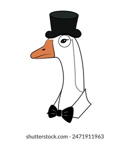 Goose portrait, goose in a hat with a monocle, hand drawn graphic, fashion animal illustration