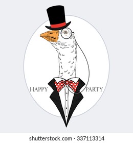 goose portrait in tuxedo, hand drawn graphic, fashion animal illustration