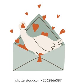 Goose in a postal envelope. The bird crawls out of the envelope. Hearts fly out of the envelope. Letter for Valentine's Day. Flat vector illustration, eps10