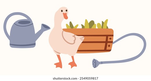 Aves de corral de ganso, campo. Caja con plántulas, regadera, manguera y pájaro en el patio. Fauna y herramientas de Country. Ilustración vectorial plana aislada sobre fondo blanco