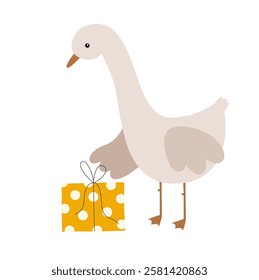 Goose with present. Birthday goose vector hand drawn illustration. Goose celebrate happy Birthday. Kids, baby, children cartoon illustration