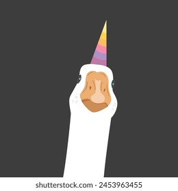 Goose with rainbow unicorn horn. Magic goose. Vector isolated illustration