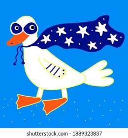 Goose in a raincoat on a blue background. For textiles, fabric, background, T-shirts, decoration.