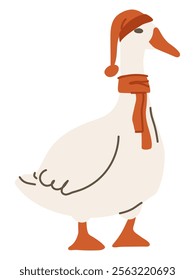 Goose in a red scarf and hat. Bird in a headdress. Flat vector illustration, eps10