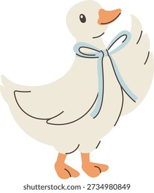 Goose with ribbon bow standing upright, smiling beak and raised wing in clean cartoon line drawing. Symbol of charm, innocence, nursery joy, kid brand mascot. Cartoon vector illustration.