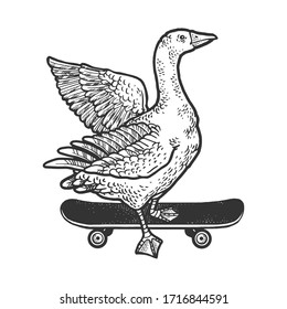 goose rides on a skateboard sketch engraving vector illustration. T-shirt apparel print design. Scratch board imitation. Black and white hand drawn image.