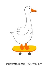 The goose is riding a scooter. Hand drawn modern vector illustration.
