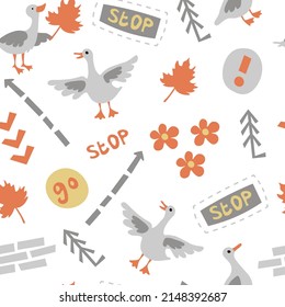 Goose road maps vector seamless pattern with doodles