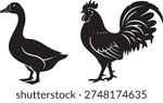 Goose and Rooster Silhouette: Unique Farm Bird Vector Art