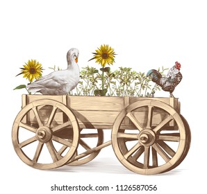 goose and rooster sitting in a wooden cart inside which grows grass and sunflowers, sketch vector graphics color illustration on white background