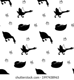 Goose seamless pattern in black and white. Isolated monochrome waterfowl domestic or wild bird ornament textile print. EPS 10
