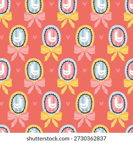 Goose seamless pattern with cute bird portraits and flirty bows on red background. Childish naive vector illustration for textile and packaging design in silly cartoon doodle style