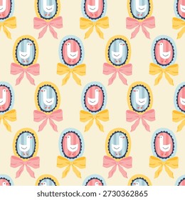 Goose seamless pattern with cute bird portraits and flirty bows on ivory background. Minimalist stylish vector illustration for nursery textile, stationery and silly cartoon wallpaper