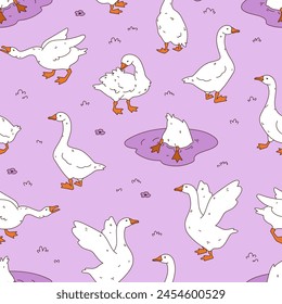 Goose seamless pattern. Cute cartoon ducks background. Hand drawn vector illustration. Texture for print, textile, fabric.