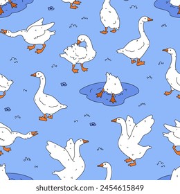 Goose seamless pattern. Cute cartoon ducks background. Hand drawn vector illustration. Texture for print, textile, fabric.