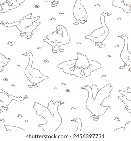 Nahtloses Gänsemuster. Netter Cartoon Enten Hintergrund. Handgezeichnete Vektorillustration. Textur für Druck, Textil, Stoff. In: Line Art.