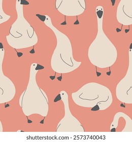 Goose Seamless Pattern. Cute Cartoon geese, Vector Illustration Background.