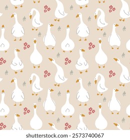 Goose Seamless Pattern. Cute Cartoon geese, Vector Illustration Background.