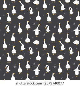 Goose Seamless Pattern. Cute Cartoon geese, Vector Illustration Background.